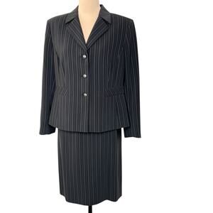 Skirt Suit Kasper Womens Petite 14P Pinstripe Black Gray Career Classic Vintage